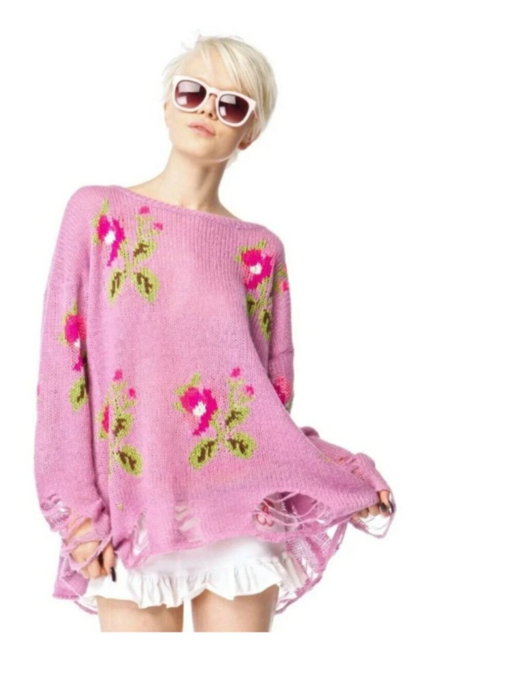 Wildfox Lennon Floral Pink Purple Floral Rose Distressed Sweater